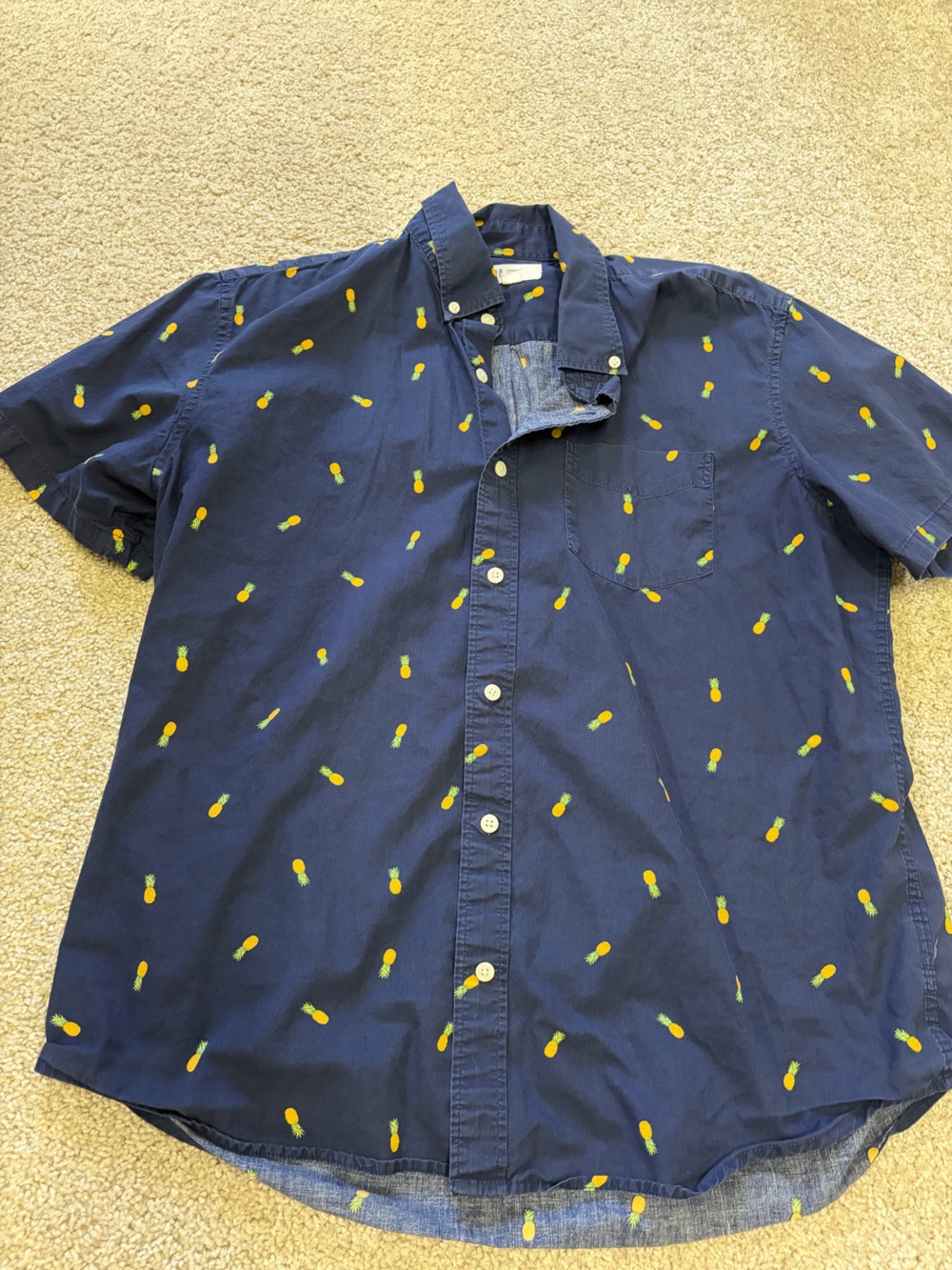 GAP Navy Short-Sleeve Button-Down Shirt with Yellow Pineapple Motif